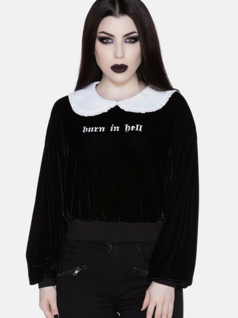 KILLSTAR Carrie Collar Sweatshirt Burn in Hell Velvet Embroidery Gothic